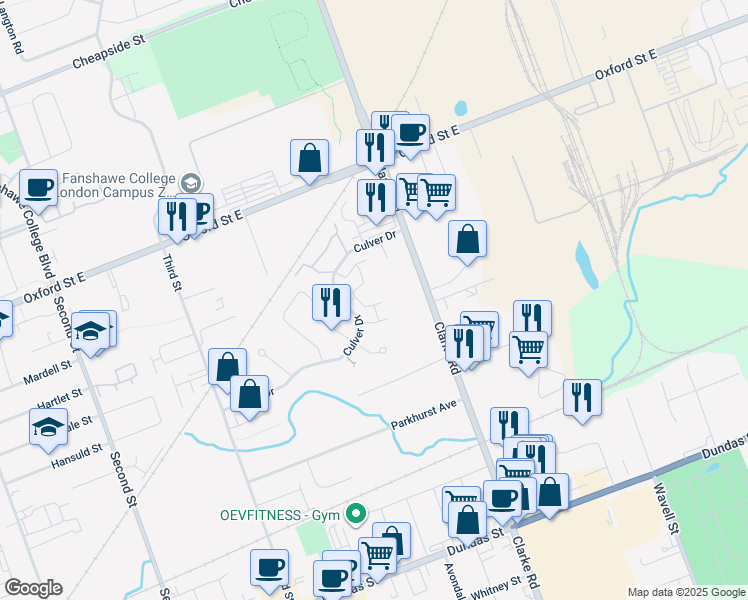 map of restaurants, bars, coffee shops, grocery stores, and more near 1775 Culver Drive in London