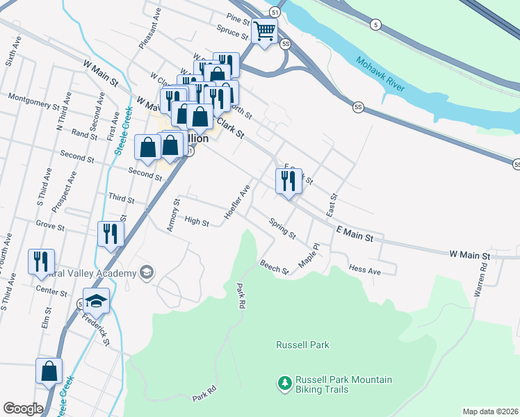 map of restaurants, bars, coffee shops, grocery stores, and more near 18-24 Pelton Place in Ilion