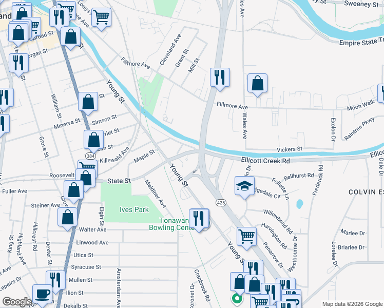 map of restaurants, bars, coffee shops, grocery stores, and more near 131 Ellicott Creek Road in Tonawanda