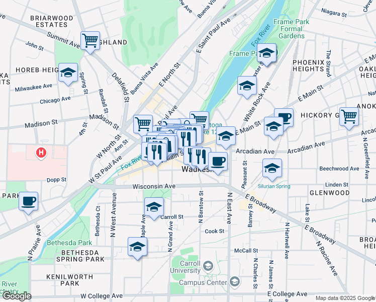 map of restaurants, bars, coffee shops, grocery stores, and more near 235 West Main Street in Waukesha