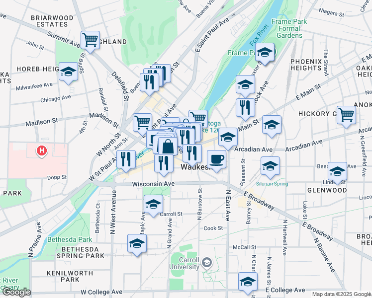 map of restaurants, bars, coffee shops, grocery stores, and more near 235 West Main Street in Waukesha