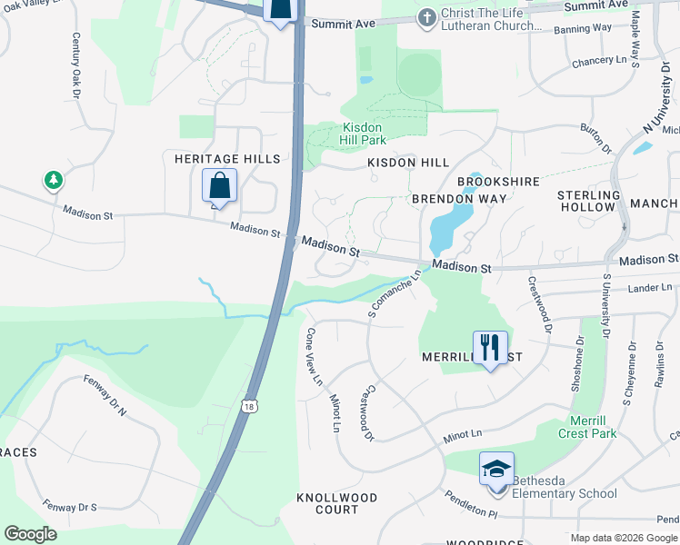 map of restaurants, bars, coffee shops, grocery stores, and more near 3127 Madison Street in Waukesha