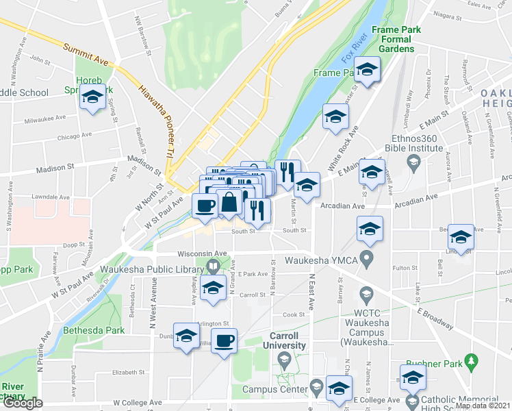 map of restaurants, bars, coffee shops, grocery stores, and more near 233 West Main Street in Waukesha