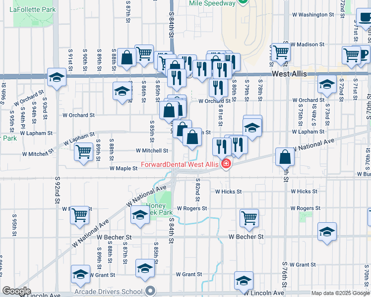 map of restaurants, bars, coffee shops, grocery stores, and more near 1618 South 83rd Street in West Allis