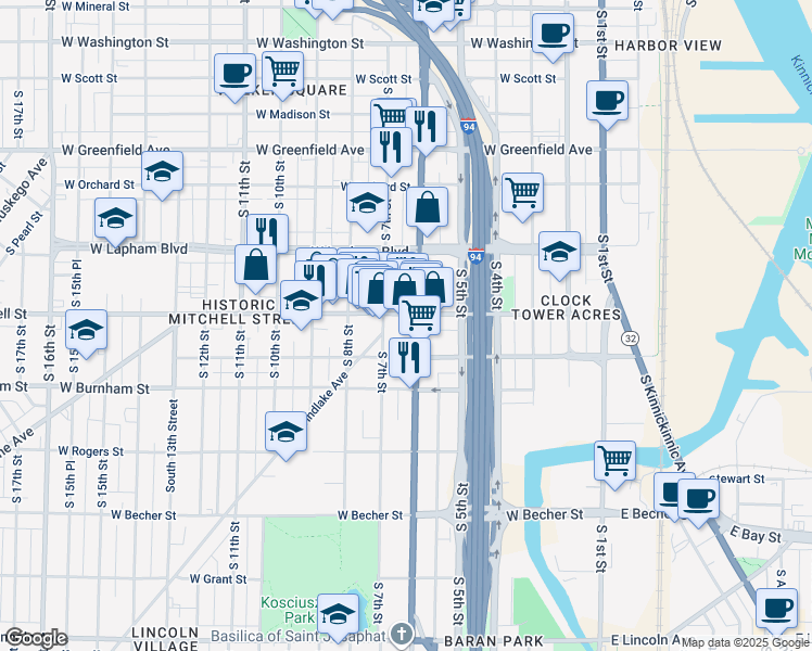 map of restaurants, bars, coffee shops, grocery stores, and more near 601 West Historic Mitchell Street in Milwaukee