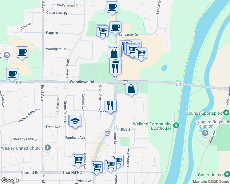 map of restaurants, bars, coffee shops, grocery stores, and more near Niagara Street in Welland
