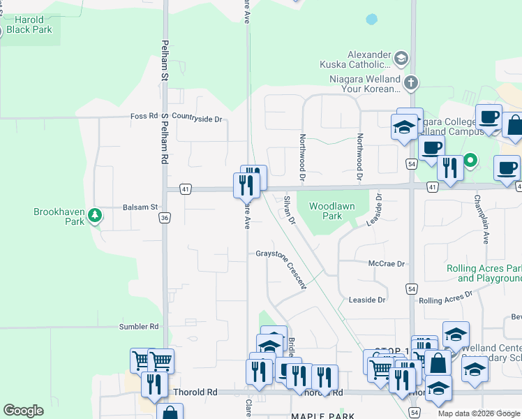 map of restaurants, bars, coffee shops, grocery stores, and more near 778 Clare Avenue in Welland