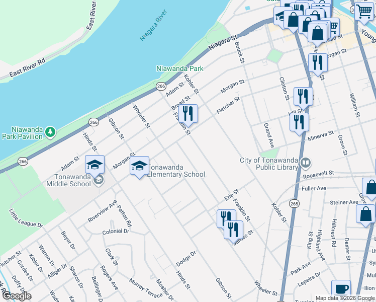 map of restaurants, bars, coffee shops, grocery stores, and more near 110 Franklin Street in Tonawanda