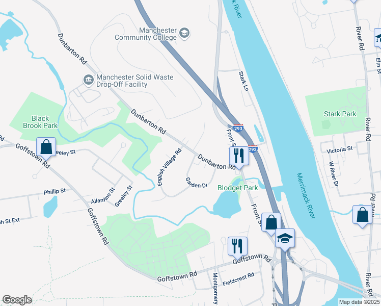 map of restaurants, bars, coffee shops, grocery stores, and more near 186 Dunbarton Road in Manchester