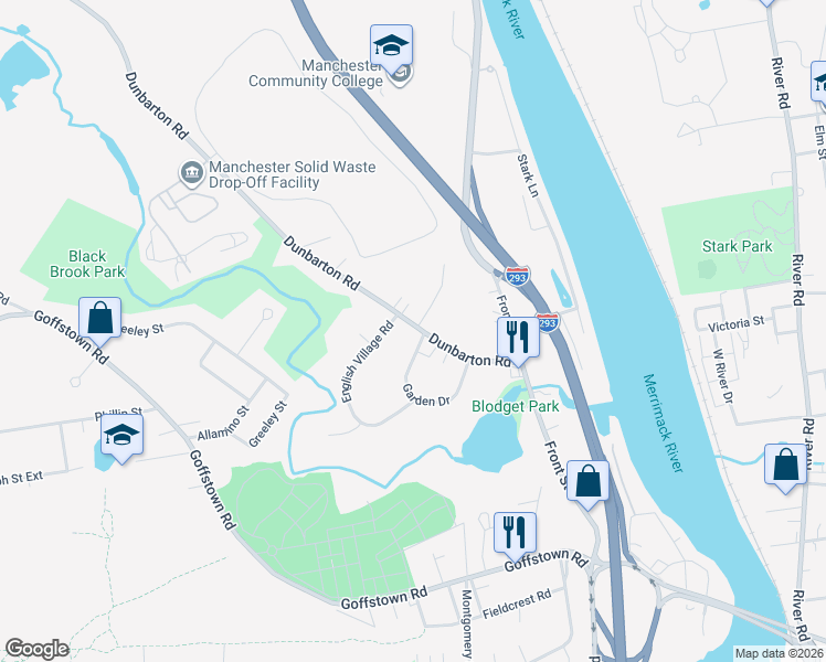 map of restaurants, bars, coffee shops, grocery stores, and more near 186 Dunbarton Road in Manchester