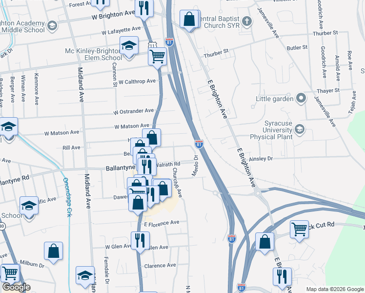 map of restaurants, bars, coffee shops, grocery stores, and more near 233 Bennington Drive in Syracuse