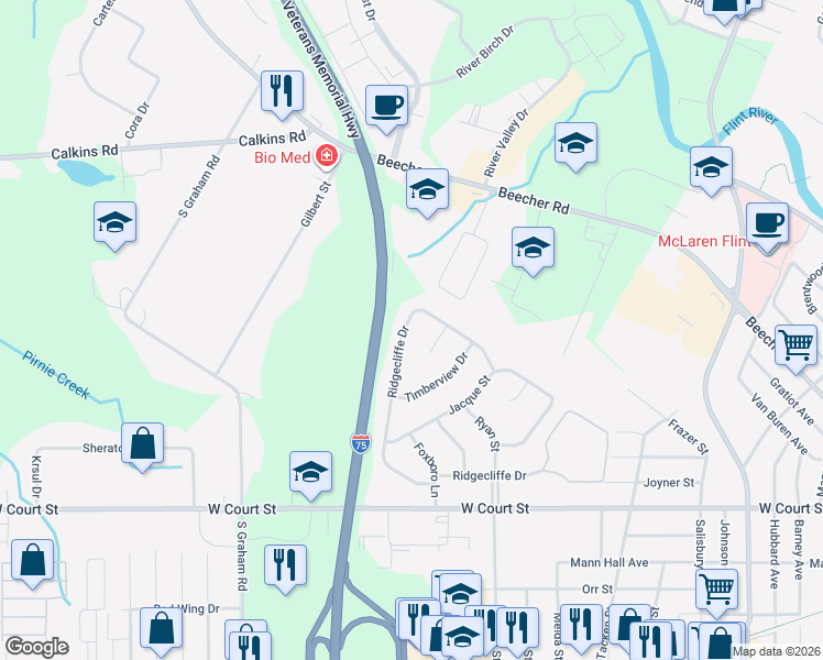 map of restaurants, bars, coffee shops, grocery stores, and more near 3541 Ridgecliffe Drive in Flint