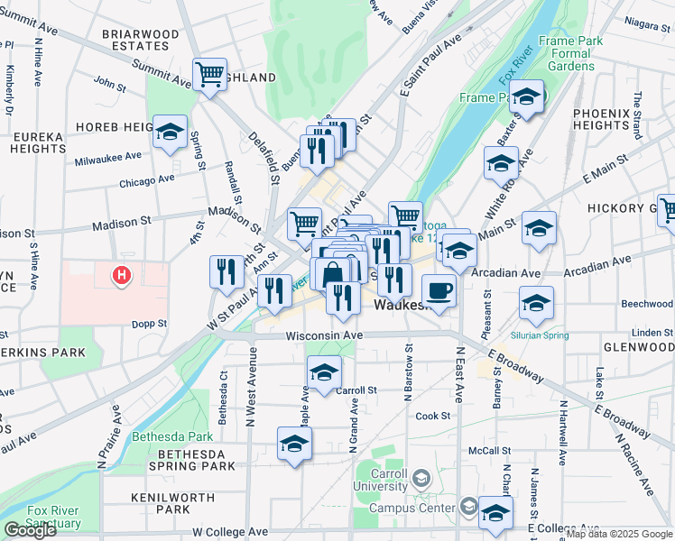 map of restaurants, bars, coffee shops, grocery stores, and more near 151 U.S. 18 in Waukesha