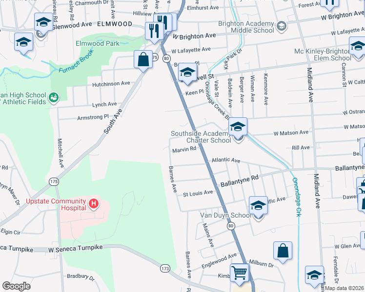 map of restaurants, bars, coffee shops, grocery stores, and more near 119 Maurice Avenue in Syracuse