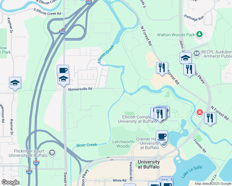 map of restaurants, bars, coffee shops, grocery stores, and more near 495 Skinnersville Road in Buffalo
