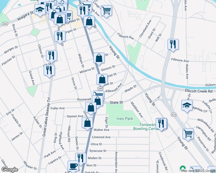map of restaurants, bars, coffee shops, grocery stores, and more near 100 Elm Street in Tonawanda