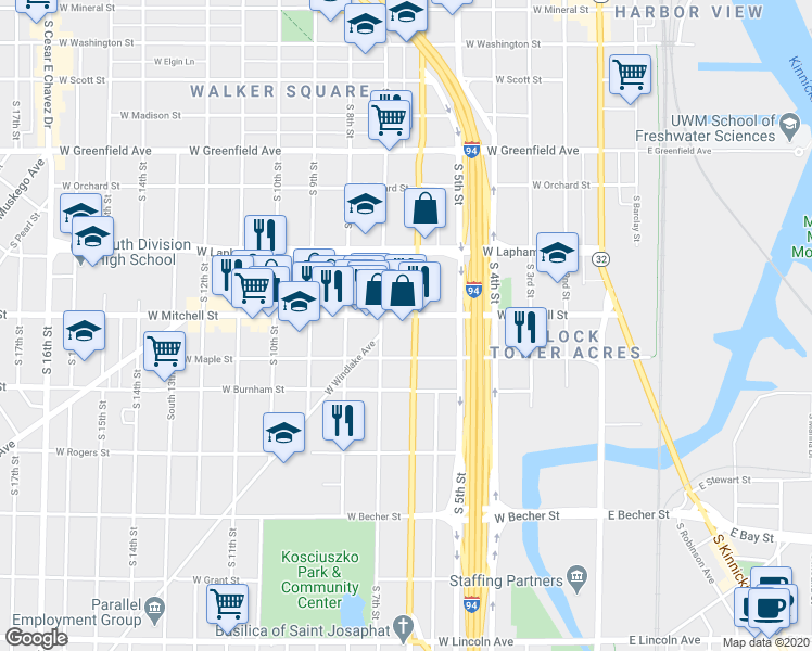 map of restaurants, bars, coffee shops, grocery stores, and more near 628 West Historic Mitchell Street in Milwaukee