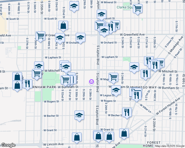 map of restaurants, bars, coffee shops, grocery stores, and more near 1669 South 28th Street in Milwaukee