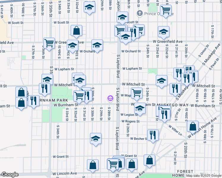 map of restaurants, bars, coffee shops, grocery stores, and more near 1669 South 28th Street in Milwaukee