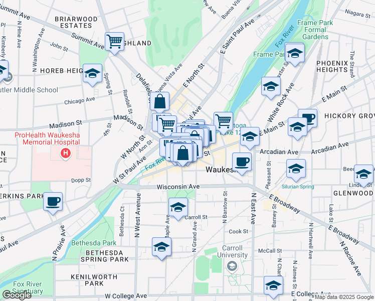 map of restaurants, bars, coffee shops, grocery stores, and more near 151 U.S. 18 in Waukesha