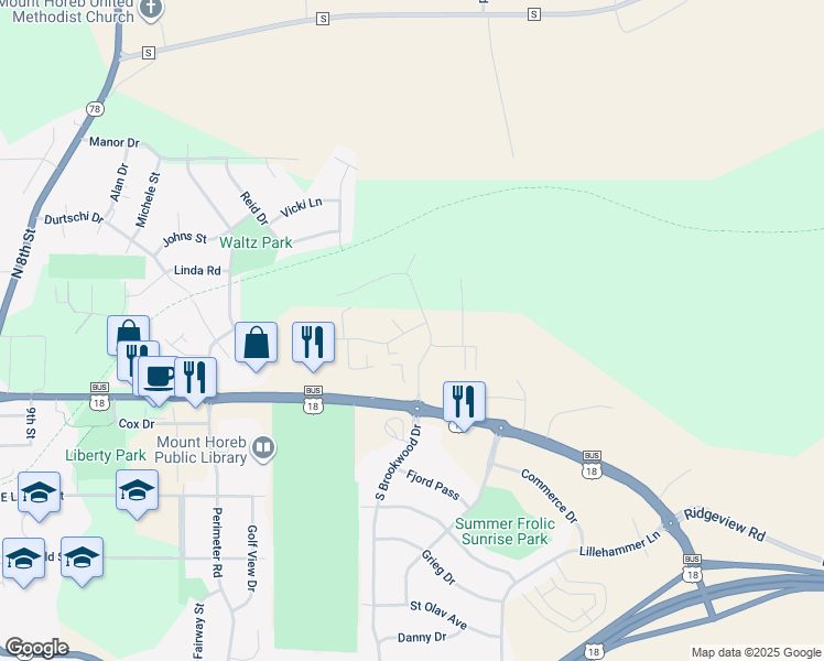map of restaurants, bars, coffee shops, grocery stores, and more near 217 North Brookwood Drive in Mount Horeb