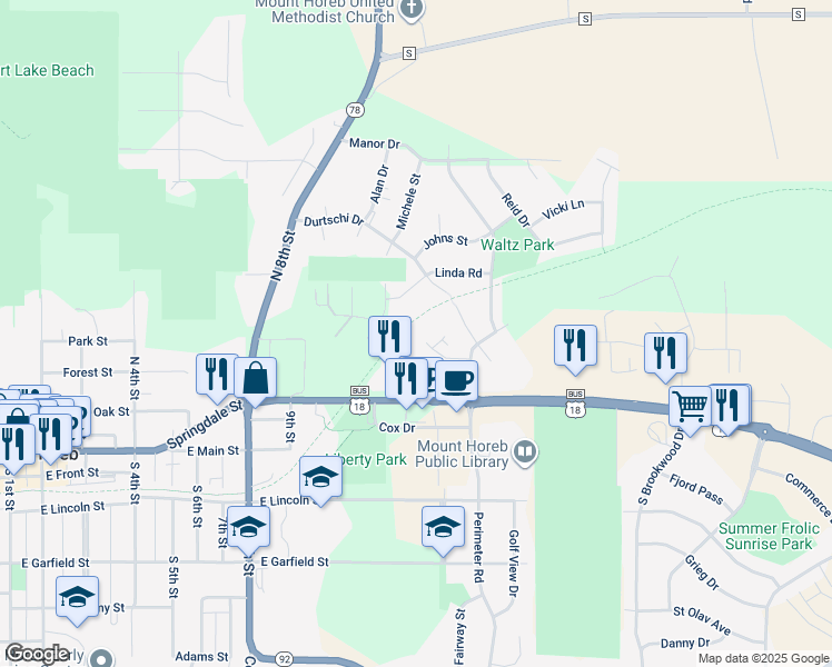 map of restaurants, bars, coffee shops, grocery stores, and more near 403 Linda Road in Mount Horeb