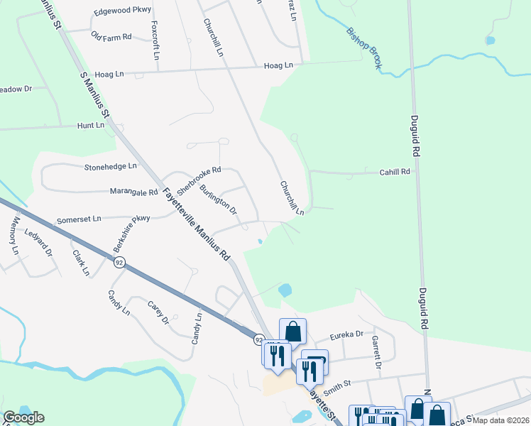 map of restaurants, bars, coffee shops, grocery stores, and more near 307 Sherbrooke Road in Manlius