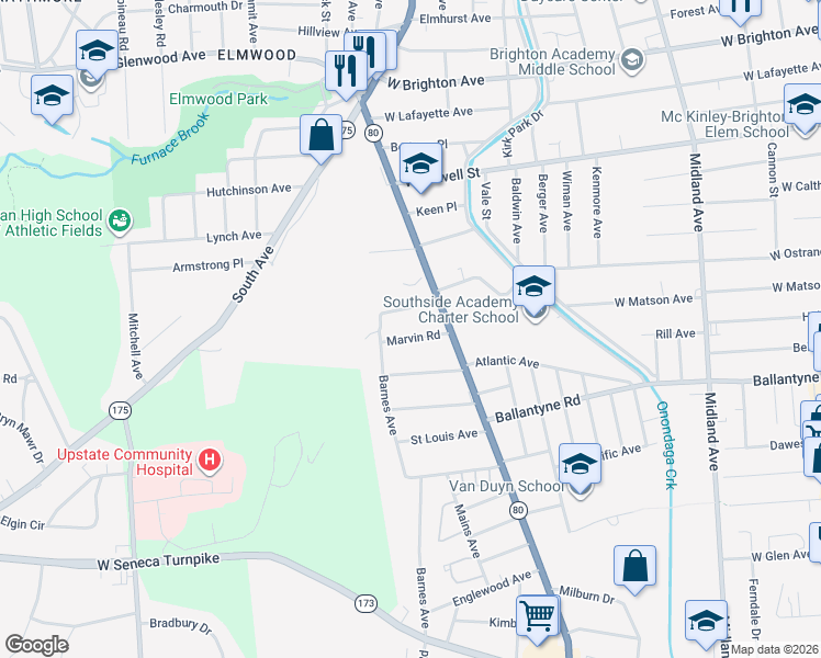 map of restaurants, bars, coffee shops, grocery stores, and more near 119 Maurice Avenue in Syracuse