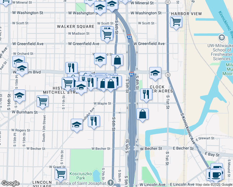 map of restaurants, bars, coffee shops, grocery stores, and more near 551 West Historic Mitchell Street in Milwaukee
