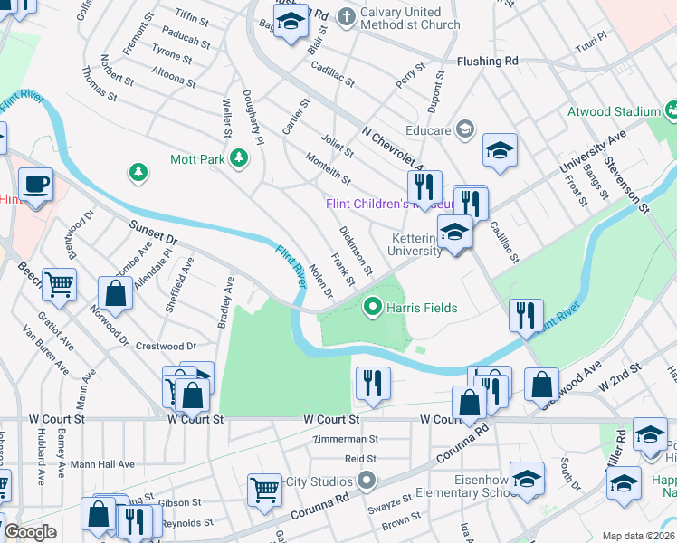 map of restaurants, bars, coffee shops, grocery stores, and more near 627 Frank Street in Flint