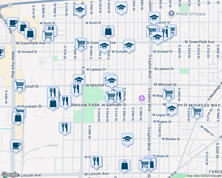map of restaurants, bars, coffee shops, grocery stores, and more near 1712 South 32nd Street in Milwaukee