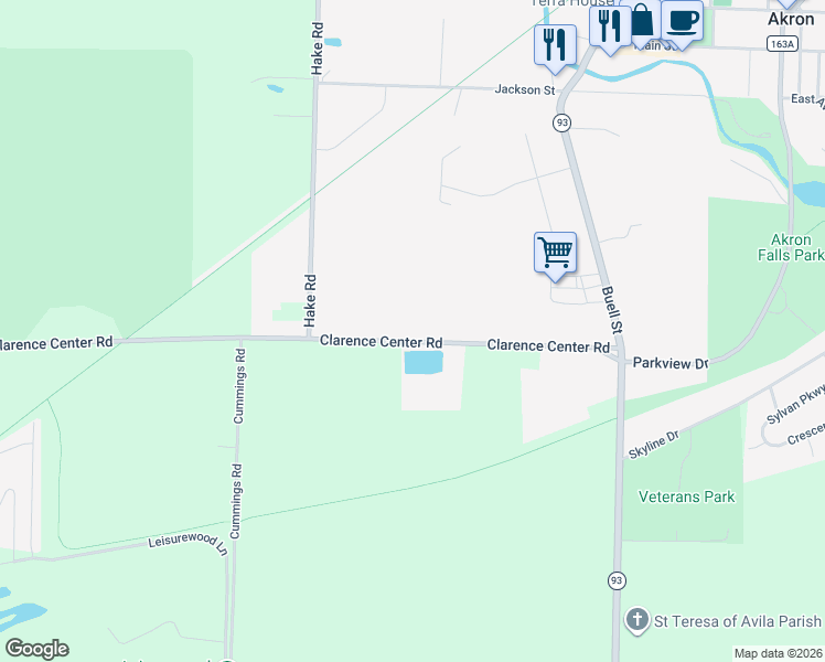 map of restaurants, bars, coffee shops, grocery stores, and more near 71 Clarence Center Road in Akron