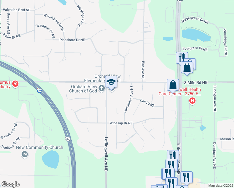 map of restaurants, bars, coffee shops, grocery stores, and more near 2770 Leffingwell Avenue Northeast in Grand Rapids