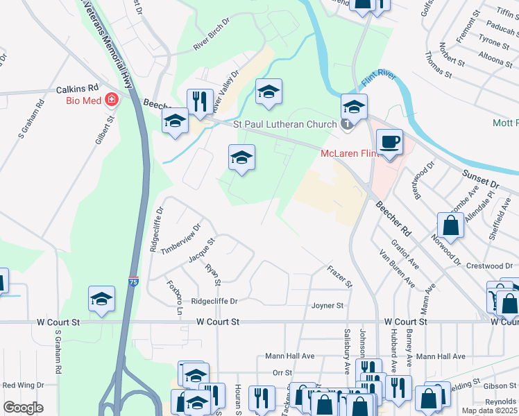map of restaurants, bars, coffee shops, grocery stores, and more near 1120 Houran Street in Flint