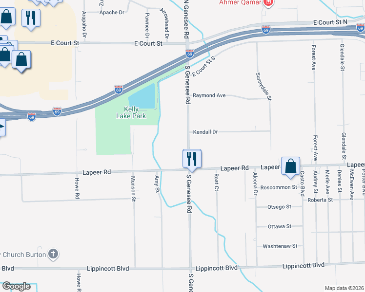 map of restaurants, bars, coffee shops, grocery stores, and more near 1224 South Genesee Road in Burton