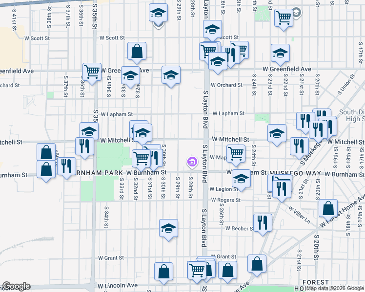 map of restaurants, bars, coffee shops, grocery stores, and more near 1720 South 29th Street in Milwaukee