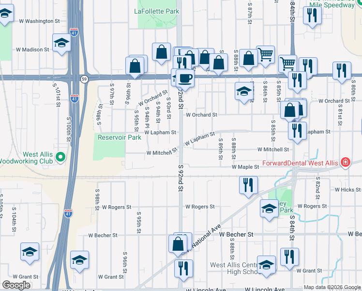 map of restaurants, bars, coffee shops, grocery stores, and more near S 92nd St & W Mitchell St in West Allis