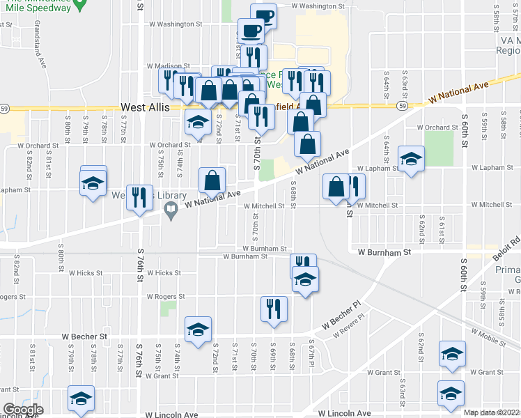 map of restaurants, bars, coffee shops, grocery stores, and more near 1700 South 70th Street in West Allis