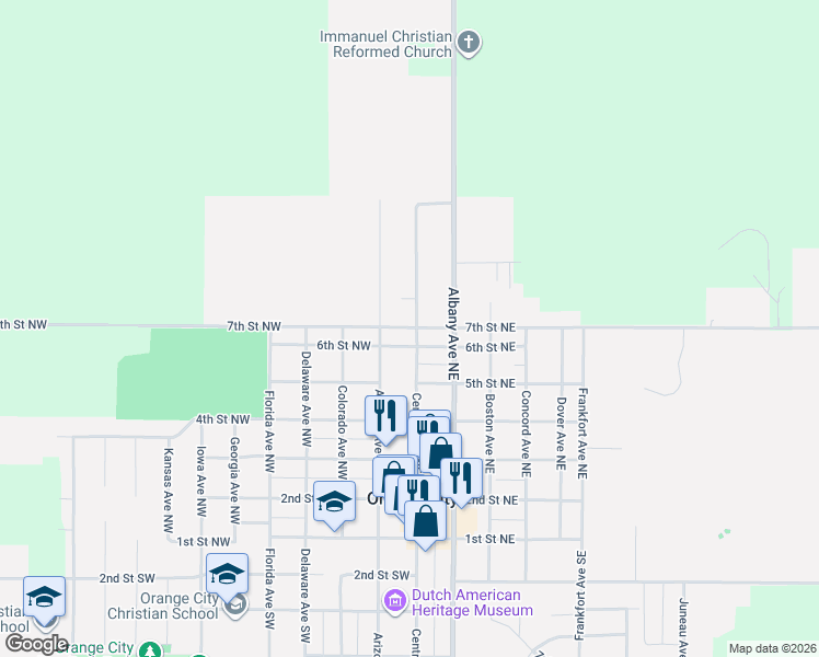 map of restaurants, bars, coffee shops, grocery stores, and more near 704 Central Avenue Northwest in Orange City