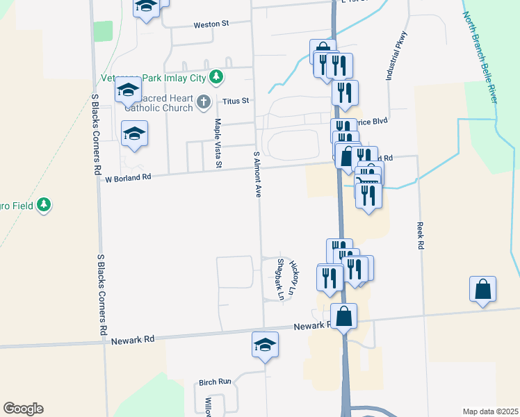 map of restaurants, bars, coffee shops, grocery stores, and more near 1795 South Almont Avenue in Imlay City
