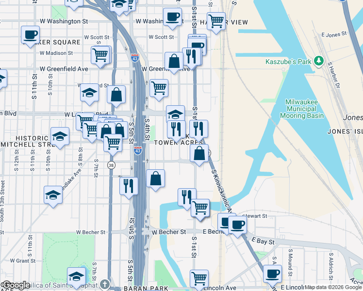 map of restaurants, bars, coffee shops, grocery stores, and more near 140 West Mitchell Street in Milwaukee