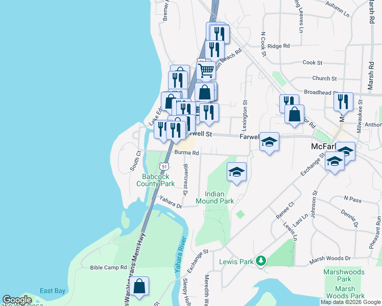 map of restaurants, bars, coffee shops, grocery stores, and more near 4716 Burma Road in McFarland