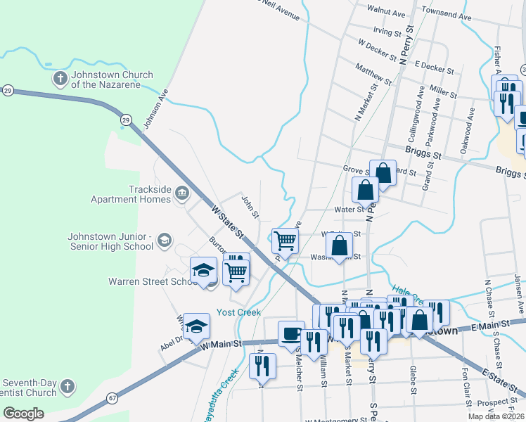 map of restaurants, bars, coffee shops, grocery stores, and more near 308 Wells Street in Johnstown