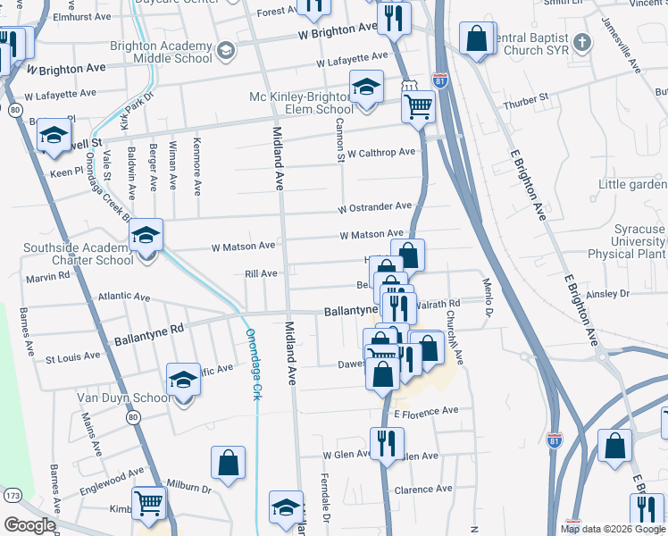 map of restaurants, bars, coffee shops, grocery stores, and more near 210 Hall Avenue in Syracuse