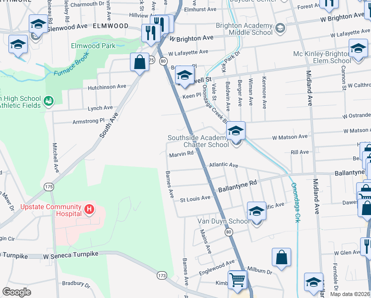 map of restaurants, bars, coffee shops, grocery stores, and more near 119 Maurice Avenue in Syracuse