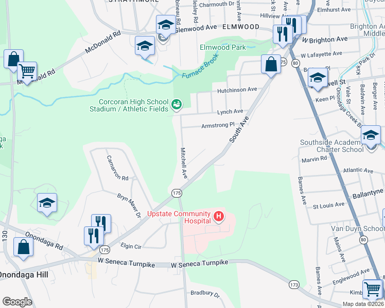 map of restaurants, bars, coffee shops, grocery stores, and more near 302 Mitchell Avenue in Syracuse