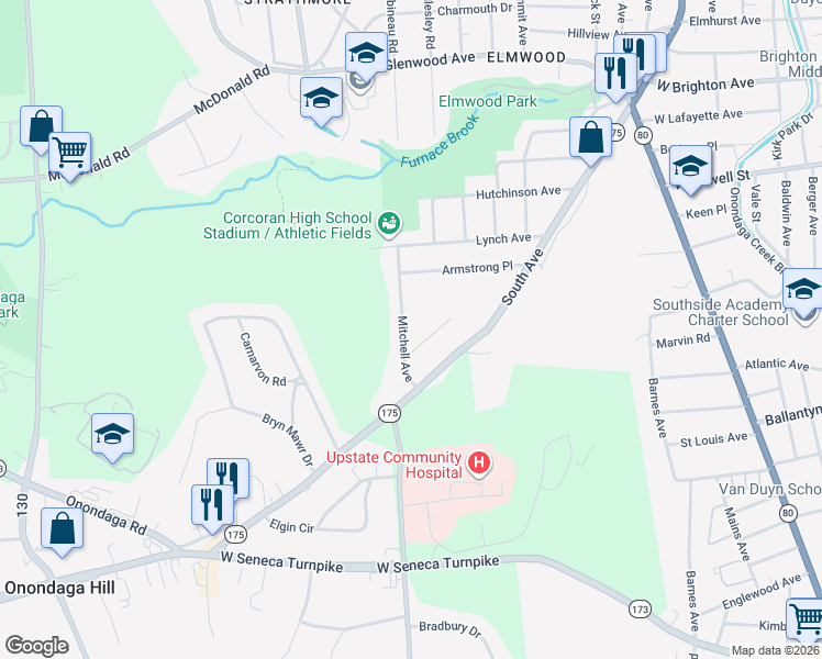 map of restaurants, bars, coffee shops, grocery stores, and more near 302 Mitchell Avenue in Syracuse