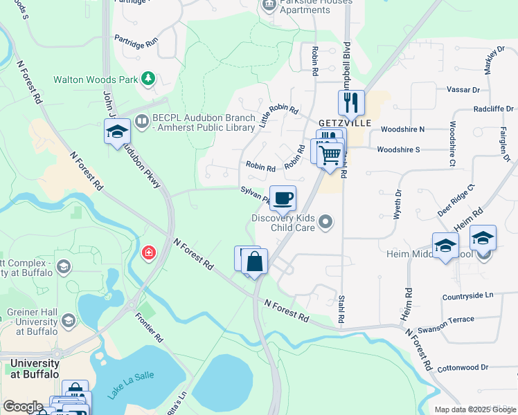 map of restaurants, bars, coffee shops, grocery stores, and more near 130 John Muir Drive in Buffalo