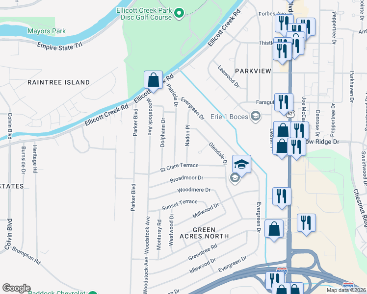 map of restaurants, bars, coffee shops, grocery stores, and more near 57 Nadon Place in Tonawanda