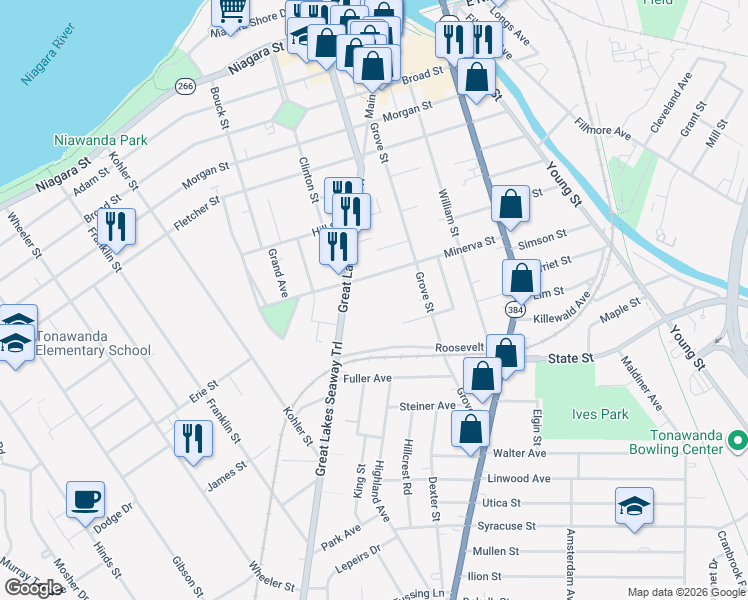 map of restaurants, bars, coffee shops, grocery stores, and more near 157 Minerva Street in Tonawanda